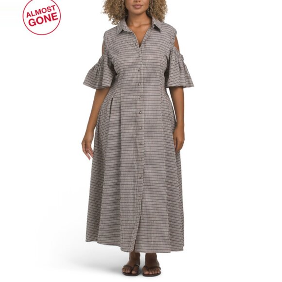 LELA ROSE Chestnut Checked Seersucker Flutter Sleeve Midi Dress - Picture 1 of 2